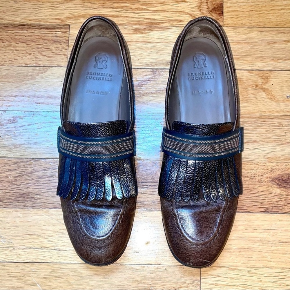 BRUNELLO CUCINELLI BROWN LEATHER LOAFERS SZ 37.5